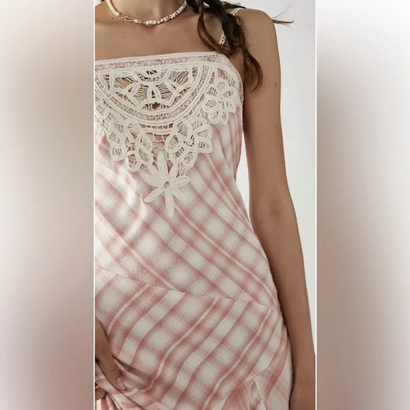 Free People Piper Plaid Maxi Dress Crochet Detail Tiered Hemline Blush Ivory